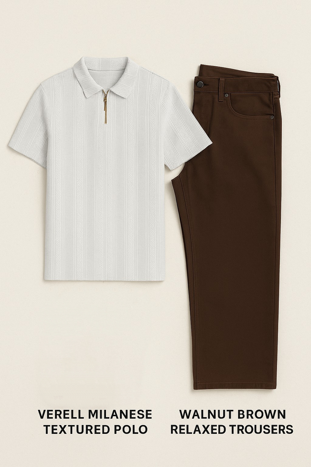 🤍 Verell Milanese Textured Polo & Walnut Brown Relaxed Trousers 🤎