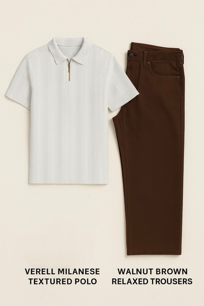 🤍 Verell Milanese Textured Polo & Walnut Brown Relaxed Trousers 🤎