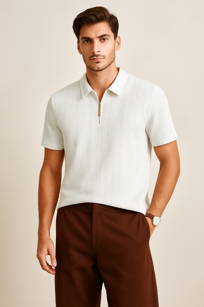 🤍 Verell Milanese Textured Polo & Walnut Brown Relaxed Trousers 🤎